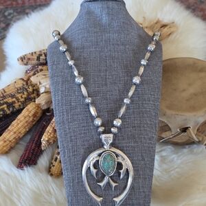 Vintage Native American Sterling Bead & Sandcast Naja With Turquoise Necklace 🩵